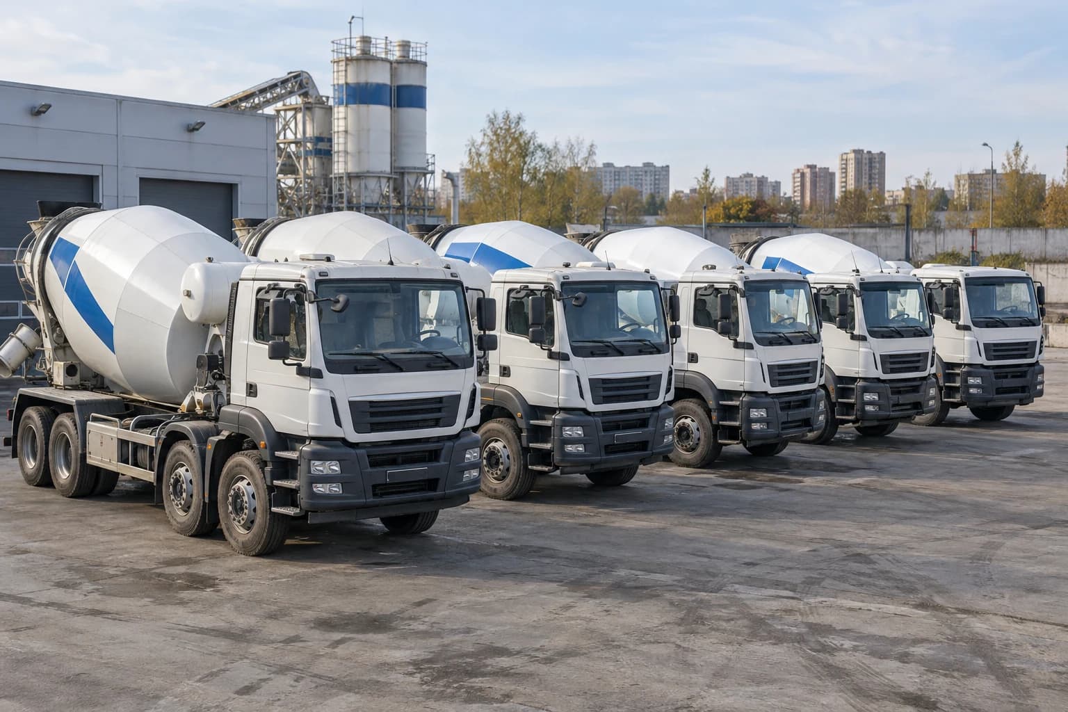 Автопарк из пяти бетономешалок на транспортной площадке